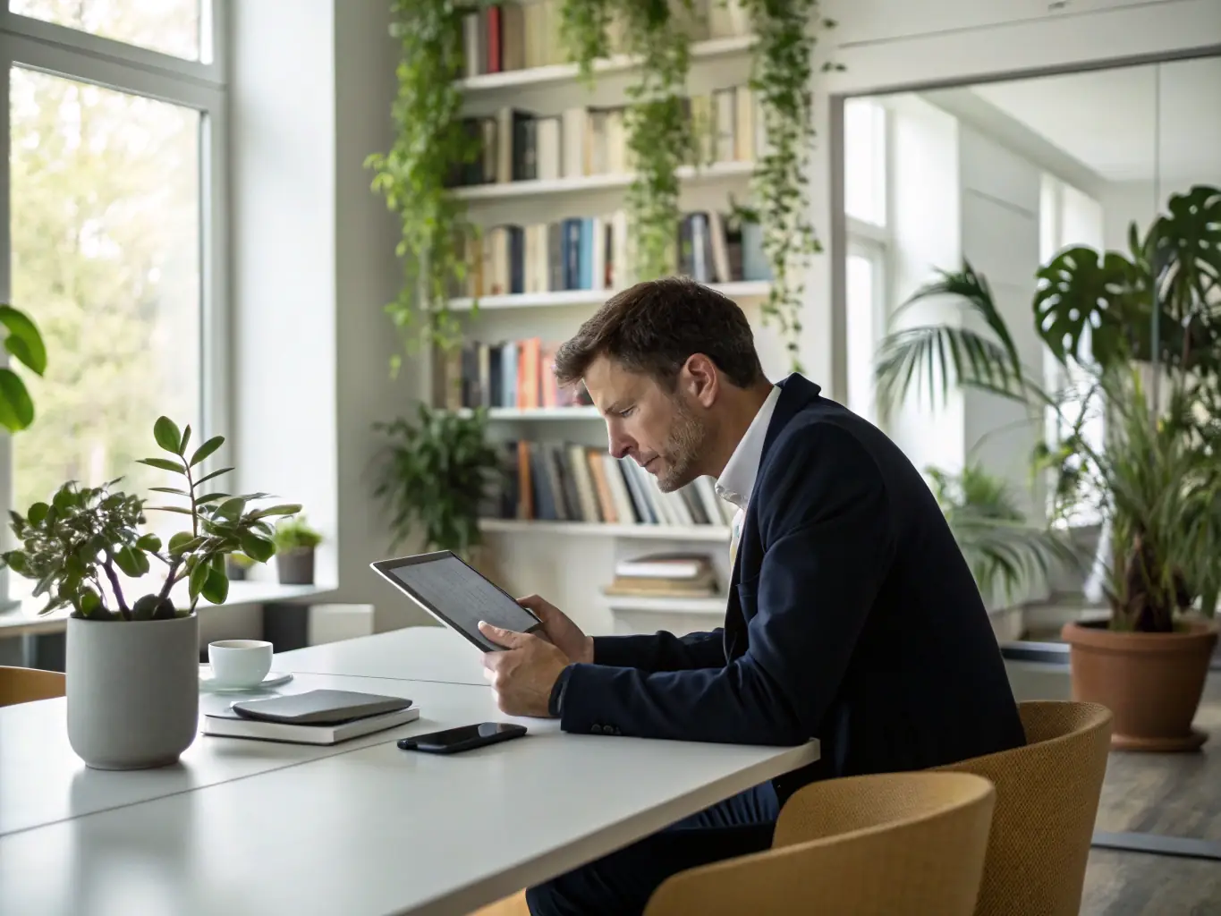 An image of an employee working at a computer with a serene expression, surrounded by plants and natural light, illustrating focus and reduced stress.