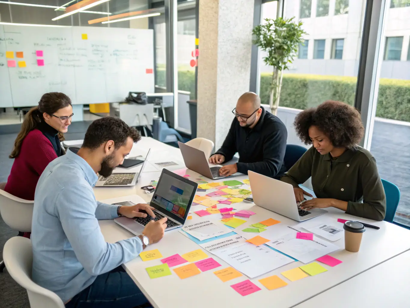 An image of a team brainstorming in a relaxed, collaborative setting, with elements of nature incorporated into the office design, representing creativity and well-being.