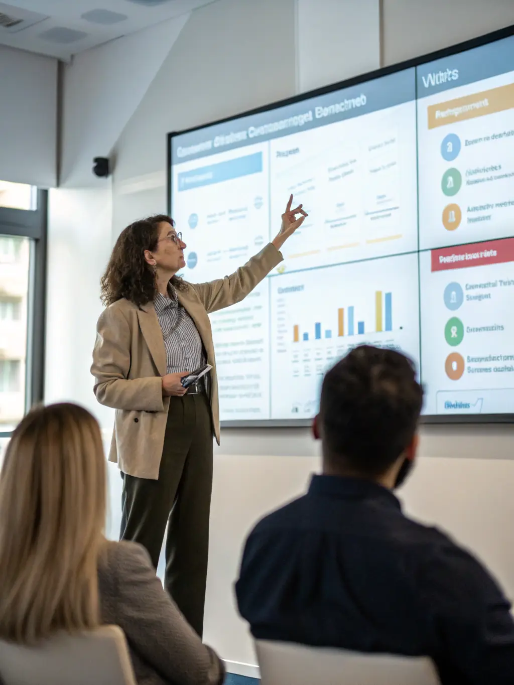 A leader confidently presenting a project to their team, showcasing innovative ideas and strategic thinking, reflecting enhanced leadership skills and vision.