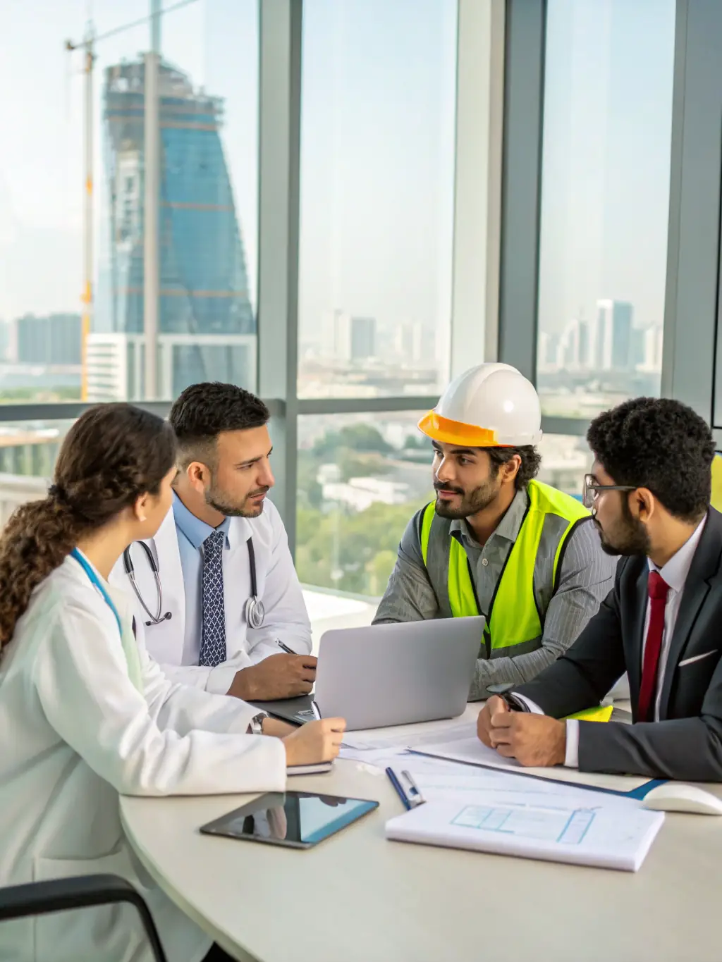 A diverse team of professionals collaborating effectively in a bright, open workspace, smiling and engaged, representing improved team dynamics and communication.