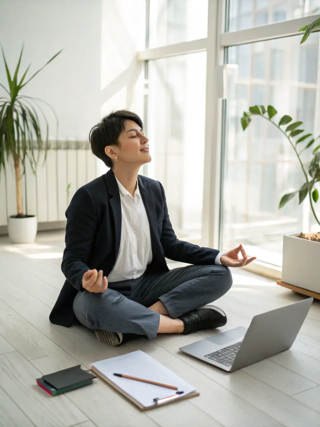 A professional businessman meditating in a modern office setting, eyes closed, hands resting gently on his lap, bathed in soft, natural light, symbolizing enhanced focus and calm.