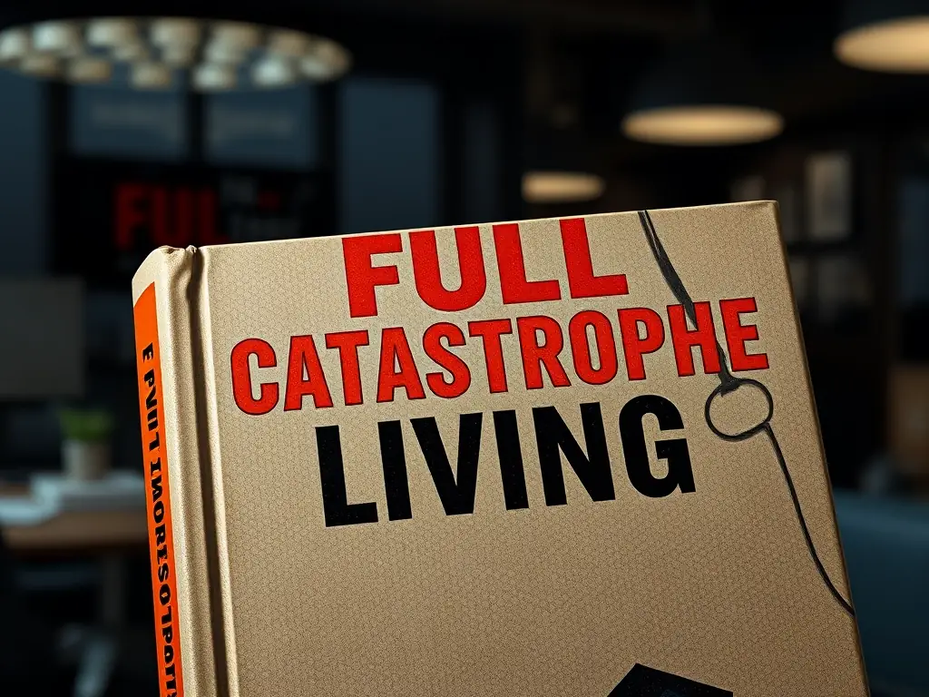 A close-up shot of 'Full Catastrophe Living' book cover, with a blurred background of a corporate office environment.