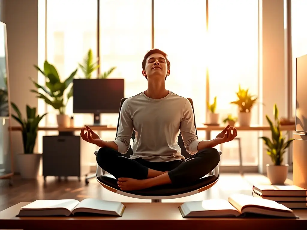 A serene image of a person meditating in a modern office setting, sunlight streaming through the window, with a book subtly placed nearby, symbolizing the integration of mindfulness into the corporate environment.