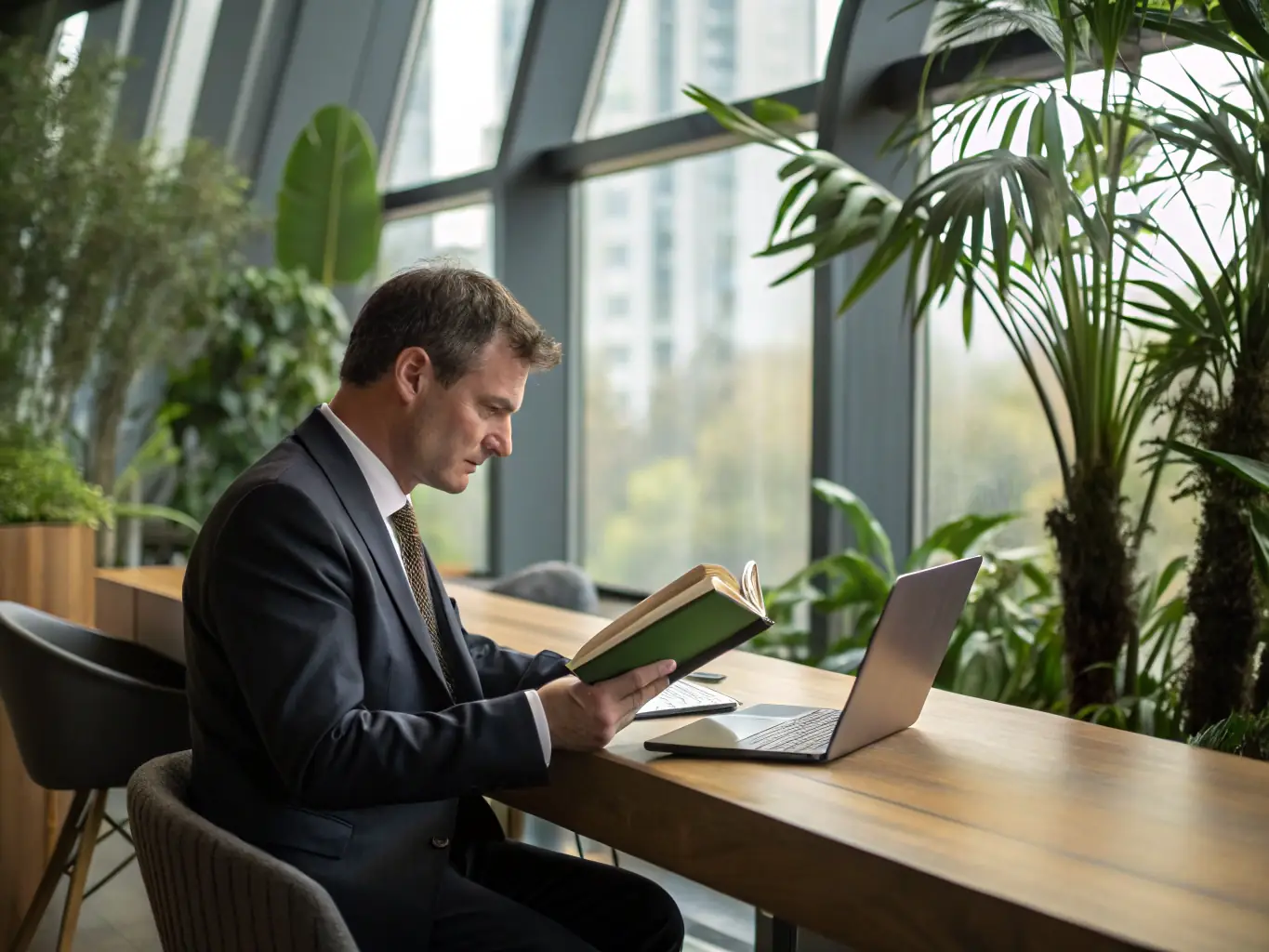 An image of a business professional calmly working at a desk, with 'Wherever You Go, There You Are' book placed beside a laptop.