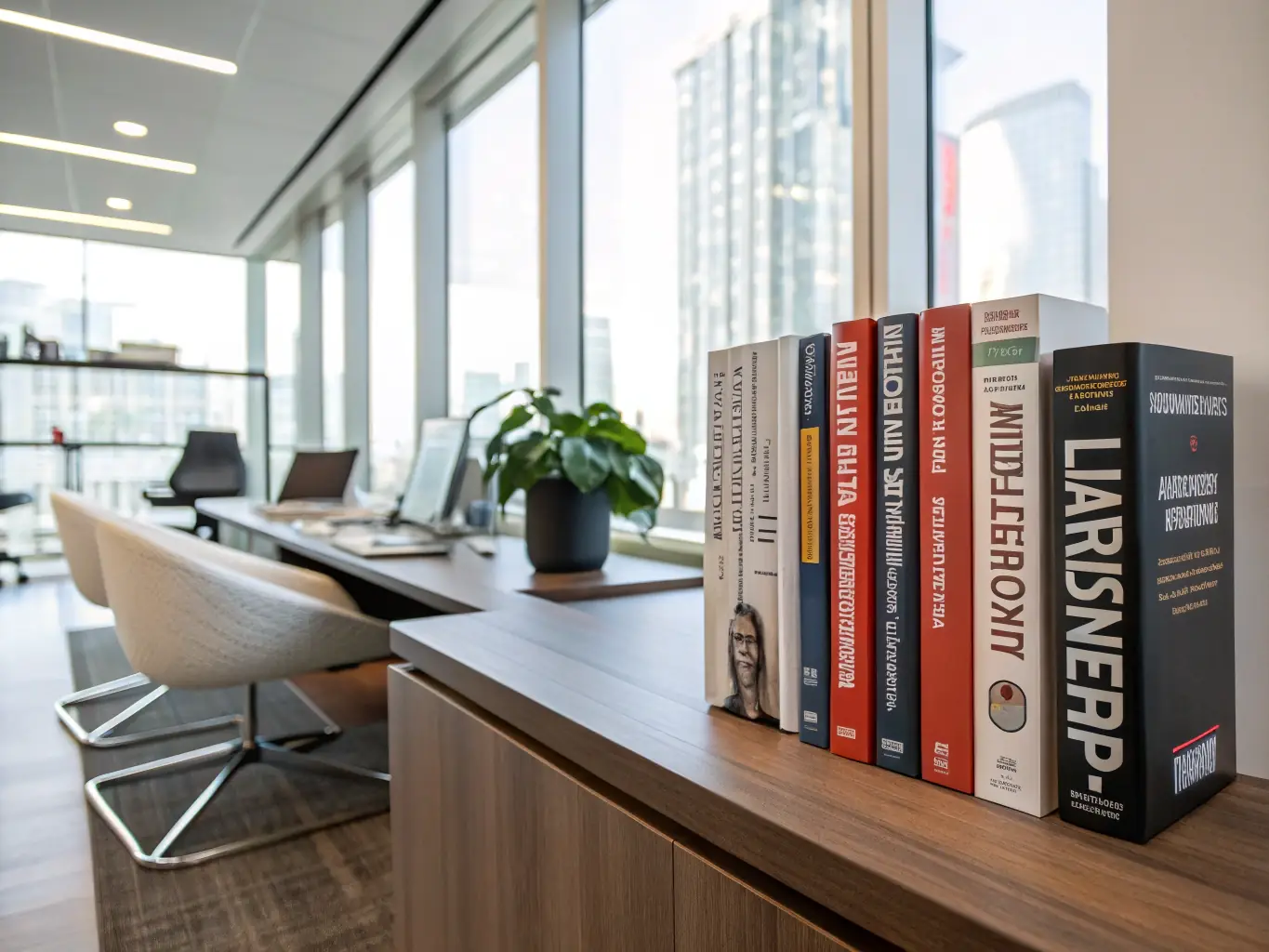 A visually appealing image of a stack of books related to mindfulness and productivity, arranged neatly on a desk with a cup of tea, symbolizing the pursuit of knowledge and self-improvement in the corporate world.