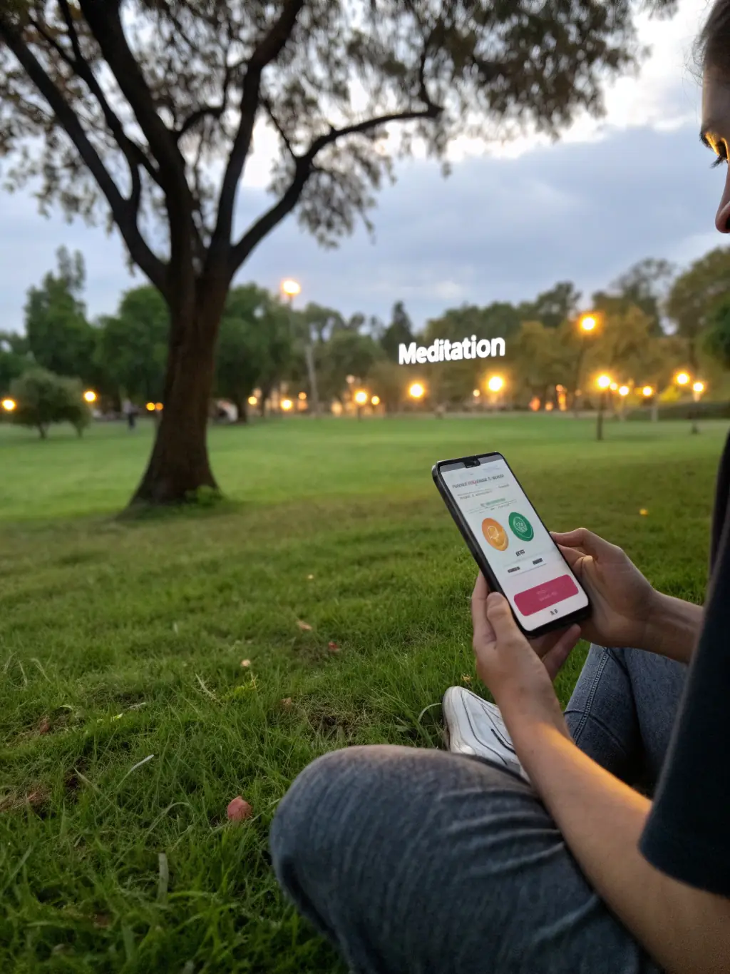 A person using a mindfulness tracker app on their smartphone during a break at work, with a serene park view in the background, emphasizing personal mindfulness practice.