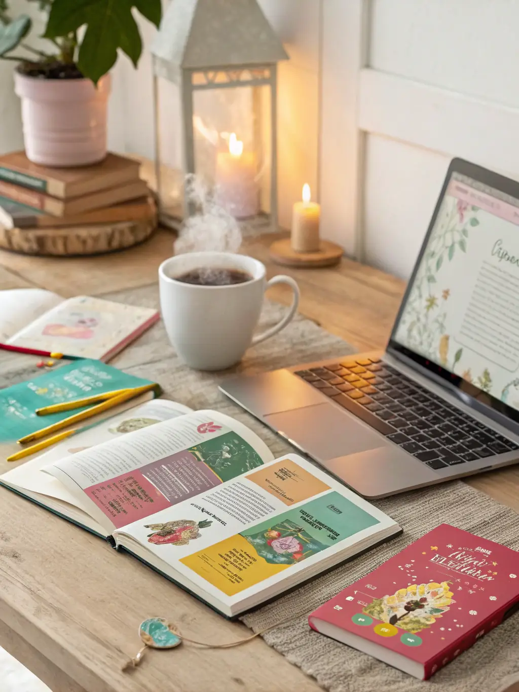 A stack of mindfulness books on a desk in a corporate office, with a laptop and a cup of tea, symbolizing the integration of mindfulness into daily work life.