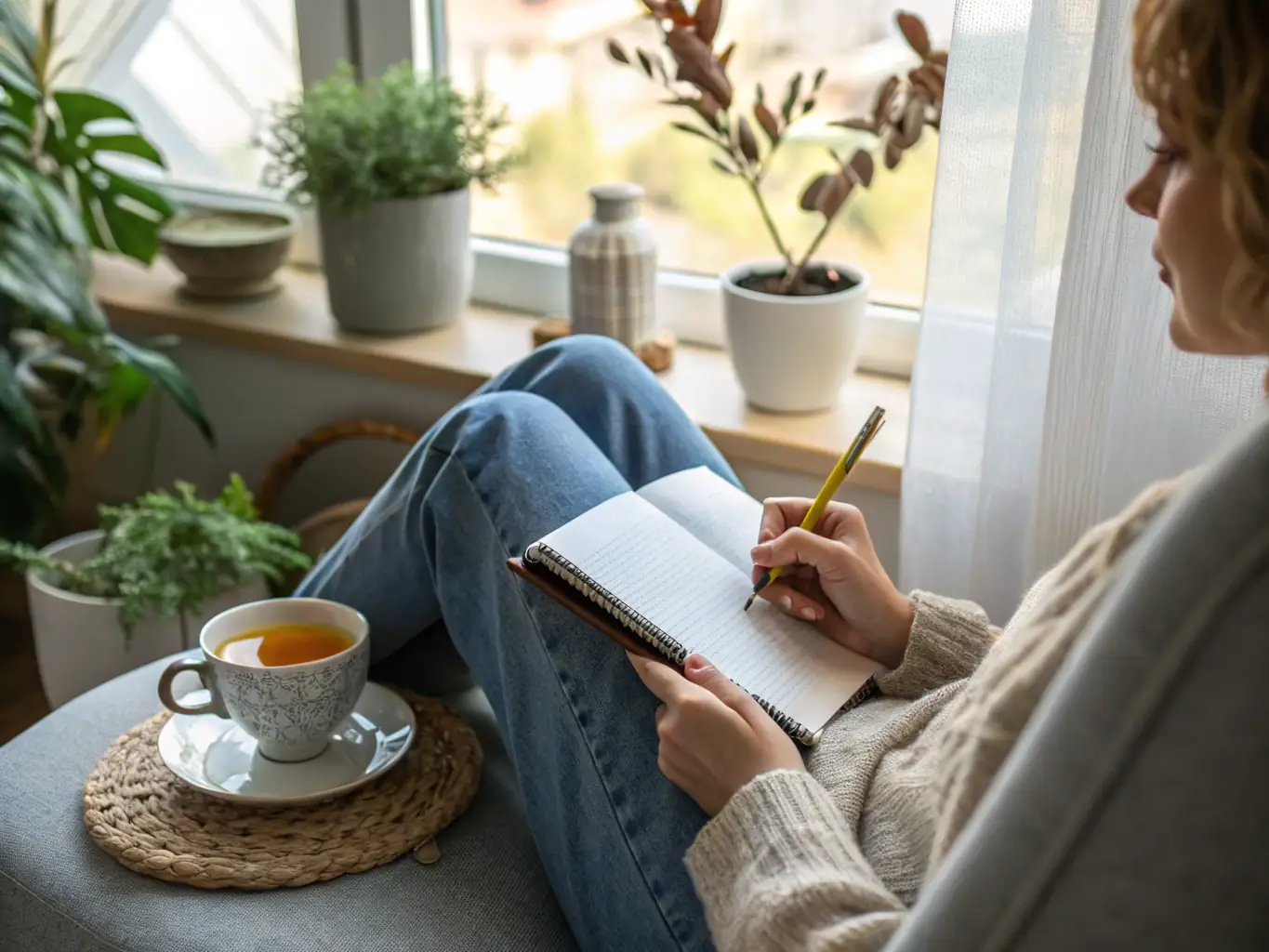A serene image of a person meditating in a modern office setting, with a bookshelf subtly visible in the background, showcasing 'Mindfulness for Beginners' book.